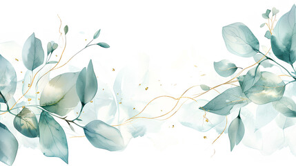 light white background with watercolor green leaves and gold lines, delicate ink painting, light emerald green and sky blue style, elegant flower arrangement, subtle gradient color scheme