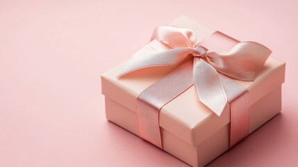 Obraz premium Elegant Valentine's gift box wrapped with satin ribbon, pink background.