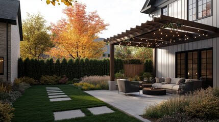 Obraz premium A nature-inspired backyard with a pergola, string lights, and a cozy seating area.