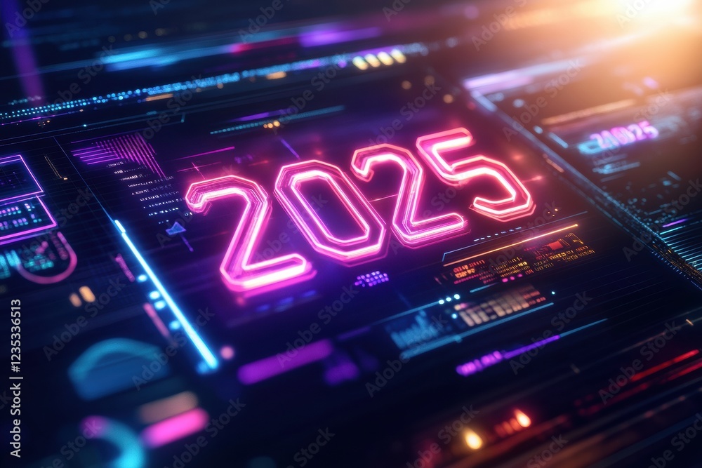 Aufkleber futuristic digital calendar showcasing the year 2025 with vibrant neon lights and advanced technolog