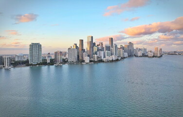 Aerial view of the Miami skyline at sunset from Biscayne Bay. Miami, Florida, USA.