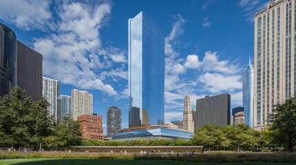 Obraz premium Glass skyscraper reflecting the blue sky with sleek and modern architecture.