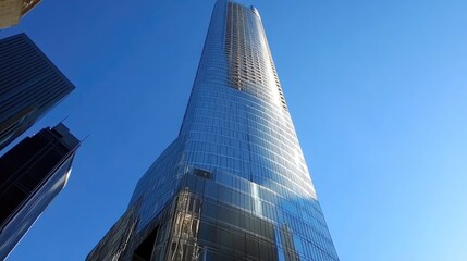 Obraz premium Glass skyscraper reflecting the blue sky with sleek and modern architecture.