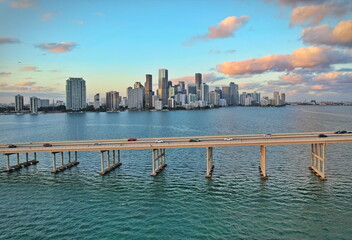 Aerial view of the Miami skyline at sunset from Biscayne Bay. Miami, Florida, USA.