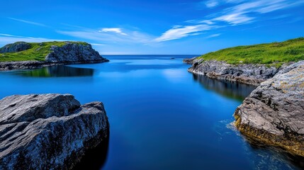 Fototapeta premium Tranquil Coastal Landscape with Blue Waters and Green Hills