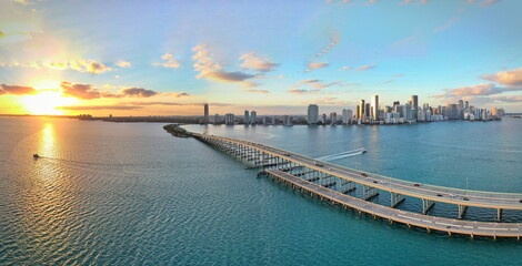 Aerial view of the Miami skyline at sunset from Biscayne Bay. Miami, Florida, USA.