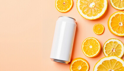 White can mockup surrounded by fresh orange slices on a pastel background for beverage advertising and banners with copy space