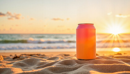 Vibrant orange can mockup on a sandy beach during sunset for tropical beverage advertising and banners