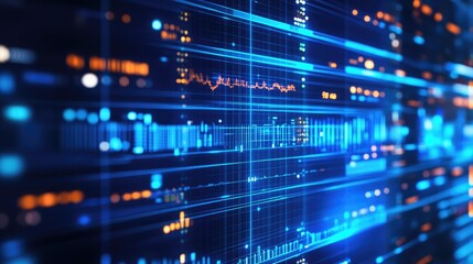 Fototapeta premium Graphical financial analysis with stock market data, futuristic deep blue background.
