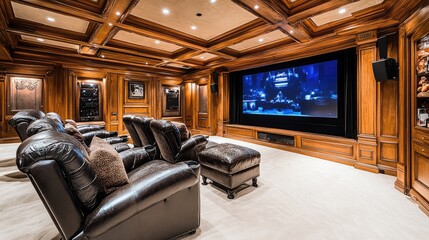 Fototapeta premium A premium home theater with plush reclining chairs and a giant screen.