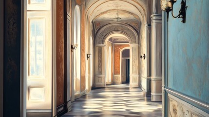 Fototapeta premium Sunlit Hallway in a Grand Palace Architectural Elegance and Timeless Beauty