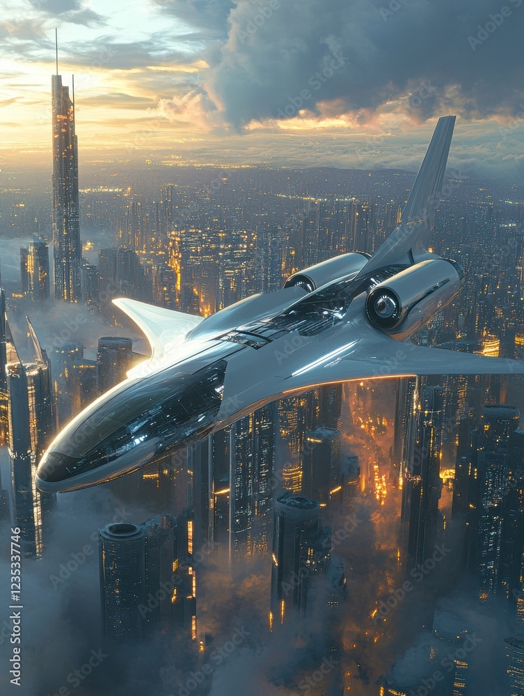 Poster futuristic airplane soaring above a vibrant sci fi cityscape with towering skyscrapers at dusk. gene