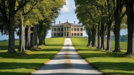 Obraz premium A private estate featuring a long, tree-lined driveway leading to a grand entrance.
