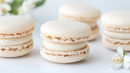Delicate macarons with cream filling, spring blossoms background,  perfect for dessert menus