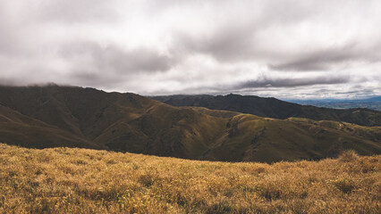 Yellow brown hills of alexandra central otago low dramatic clouds heavy sky hiking tramping 