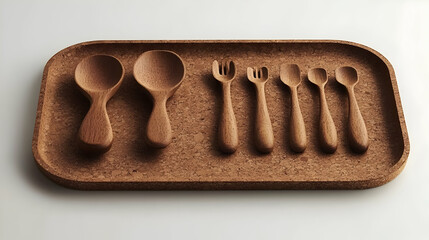 Wooden Spoons and Forks on Cork Tray - Rustic Kitchenware Still Life Photography