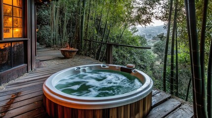 Fototapeta premium A resort-style home with a private outdoor jacuzzi surrounded by bamboo trees.
