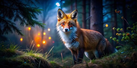 Naklejka premium Red Fox in the Dark, Hunting in the Forest at Night