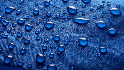 blue water droplets on a blue patterned and textured water proof fabric