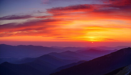 Fototapeta premium vibrant sundown over a mountain range with gradient colorations of orange and crimson in the sky casting a heat glow at the panorama