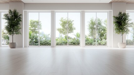 Fototapeta premium Empty modern interior room with large glass windows overlooking a lush green garden in bright daylight.