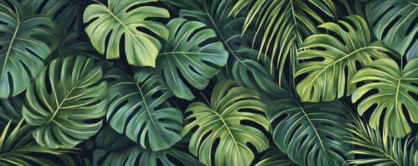 Lush Tropical Greenery: A Vibrant Display of Monstera and Palm Leaves