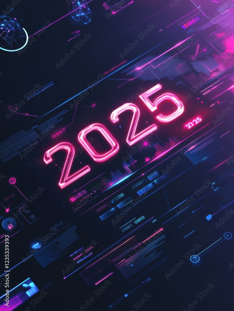 Poster futuristic digital calendar showcasing the year 2025 with bright neon elements and sleek design. gen