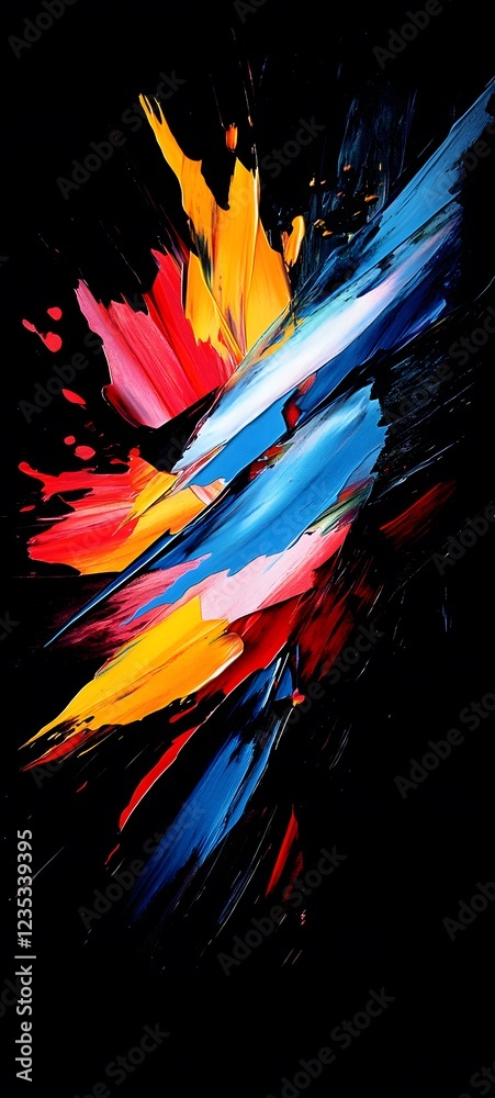 Wall mural a bold abstract painting with sharp, colorful strokes on a dark background
