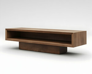 Modern Minimalist 3D Render of a Walnut Wood Media Console with Open Shelf