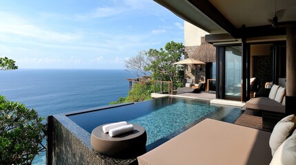 Fototapeta premium A secluded cliffside villa with uninterrupted views of the deep blue ocean.