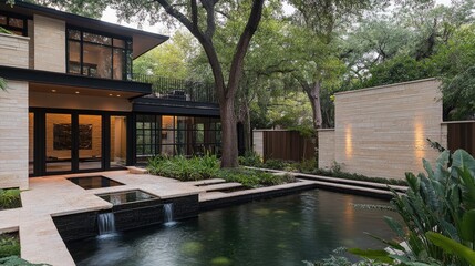 A secluded contemporary home with a natural swimming pond in the backyard.