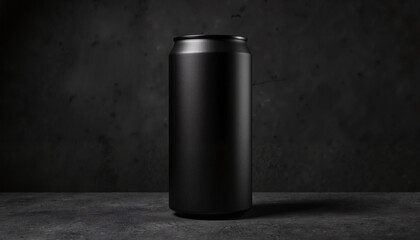 Matte black can mockup on a dark textured background for beverage advertising and banners with copy space