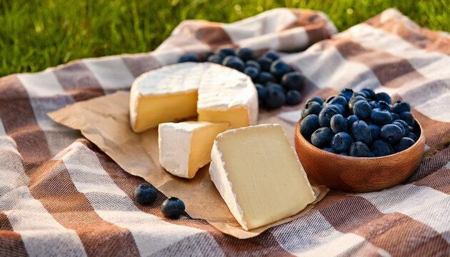 cheese and blueberries on a picnic blanket - Powered by Adobe