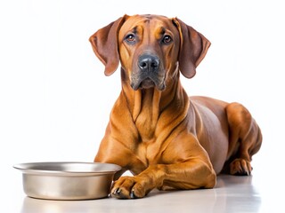 Obraz premium Rhodesian Ridgeback Dog & Empty Food Bowl - Studio Shot, White Background