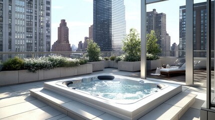 A sleek open-air jacuzzi on a penthouse terrace with city skyline views.