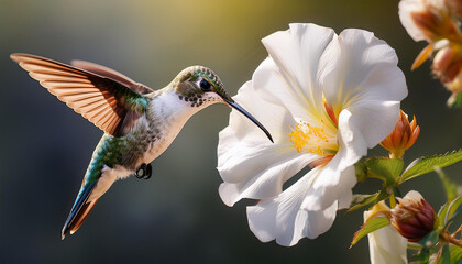 Fototapeta premium hummingbird and flower a hummingbird feeding from a white flower on a obvious history generative ai