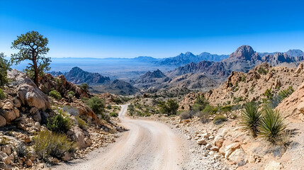 Mountain road descends into desert valley panorama