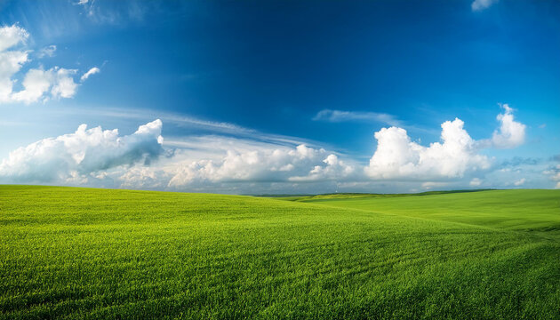 green grass field with blue skies and rolling clouds