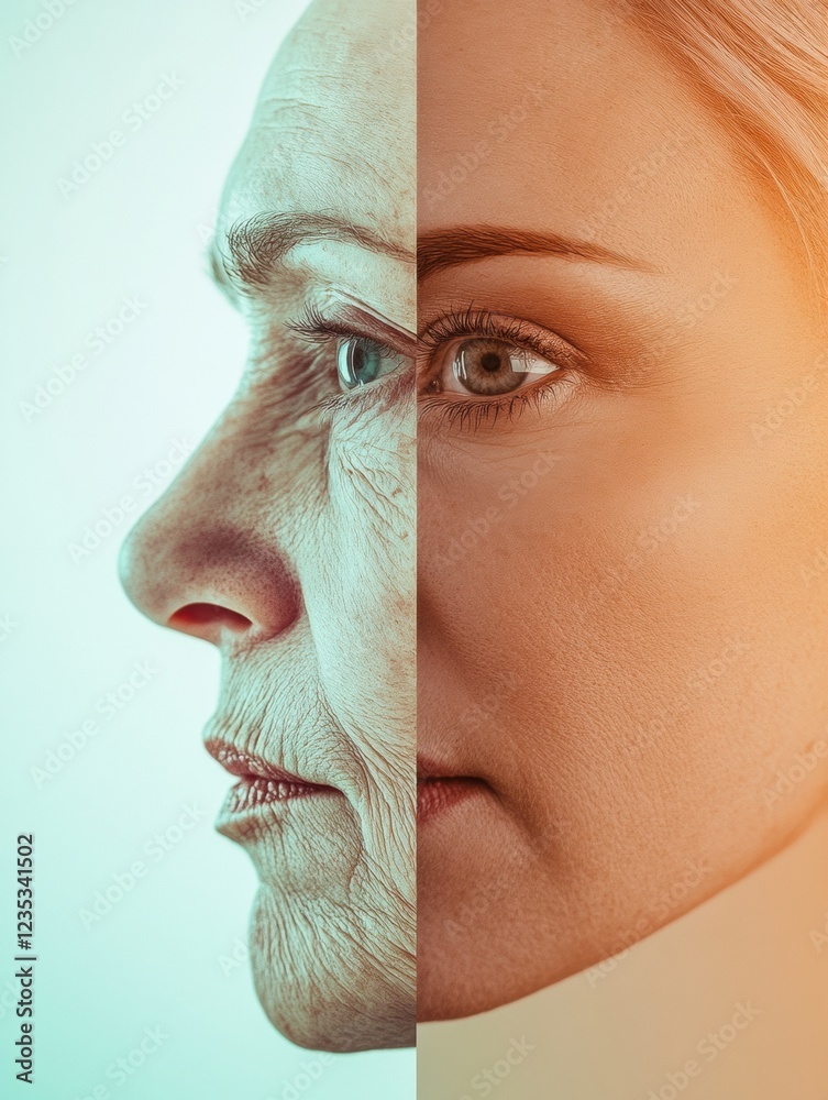 Aufkleber Contrast between youth and aging displayed through two distinct faces emphasizing beauty and time. Generative AI