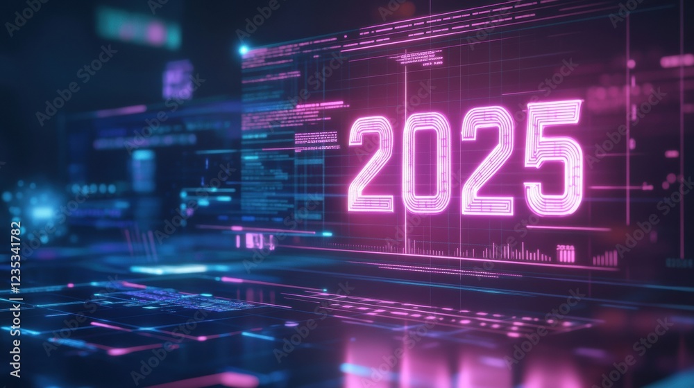 Poster futuristic digital calendar display showcasing the year 2025 with vibrant neon colors and an immersi