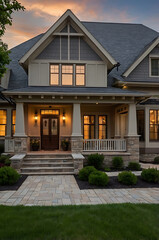 Fototapeta premium Luxury Modern Home Exterior at Dusk: Elegant Stone Facade, Landscaping, and Spacious Porch Design