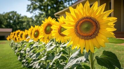 Obraz premium Sunflowers lined up in a front yard, radiating warmth under the bright sky.
