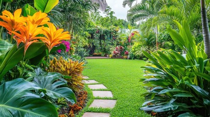 Summer garden with tropical plants, bright green foliage, and fresh flowers.