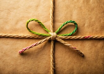 Rustic Kraft Paper Bow: Tied Twine or String Gift Wrap Detail Stock Photo