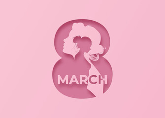 International Women's Day, silhouette woman inside number 8, pink papercut