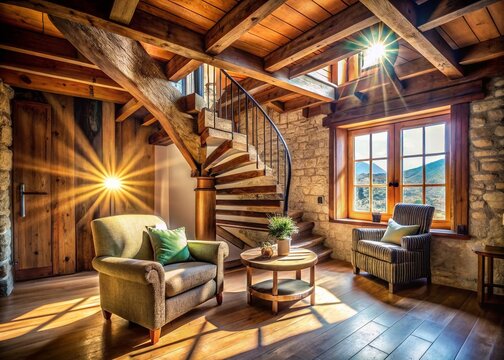 Rustic Maisonnette Interior: Cozy Wooden Beams, Spiral Staircase, Sunlight