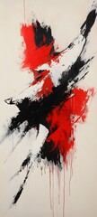 A high-contrast abstract painting of jagged lines and bold splashes of red, black, and white