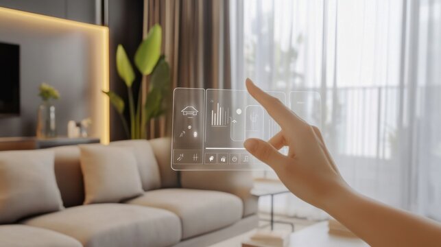 A person using augmented reality (AR) to customize their smart home settings with gestures in a minimalist living room, Smart home customization theme, Minimalist style