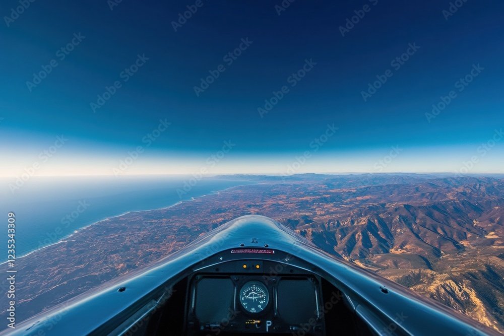 Aufkleber view from the cockpit of a glider soaring over the coastlines and mountains during a clear day. gene
