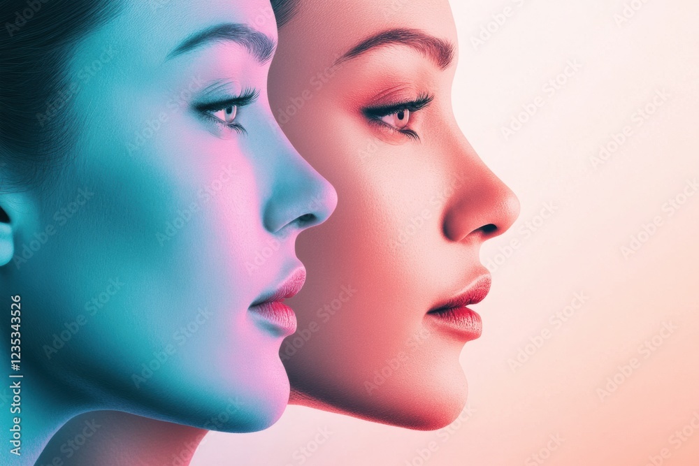 Poster comparison of youthful beauty and signs of aging in two distinct faces highlighted in artistic color